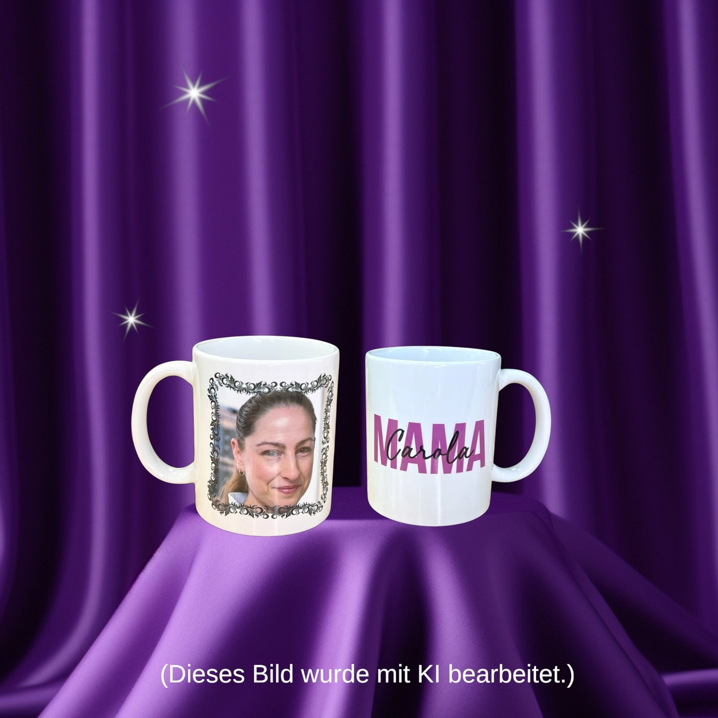 Personalisierte Fototasse mit romantischem Bilderrahmen & individuellen Wunschworten | Keramiktasse mit eigenem Foto