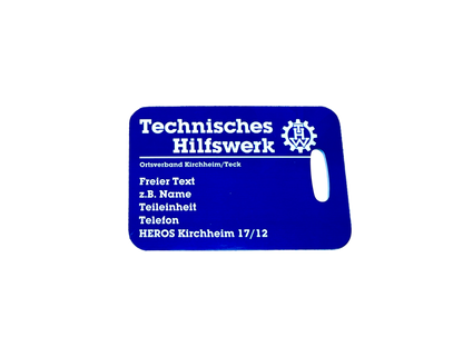 Personalisierter Kofferanhänger im THW-Design, 44 x 88 mm – individuell bedruckt mit Ortsverband und Wunschtext