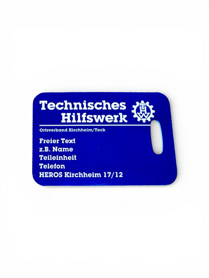 Personalisierter Kofferanhänger im THW-Design, 44 x 88 mm – individuell bedruckt mit Ortsverband und Wunschtext