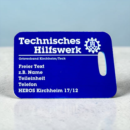 Personalisierter Kofferanhänger im THW-Design, 44 x 88 mm – individuell bedruckt mit Ortsverband und Wunschtext