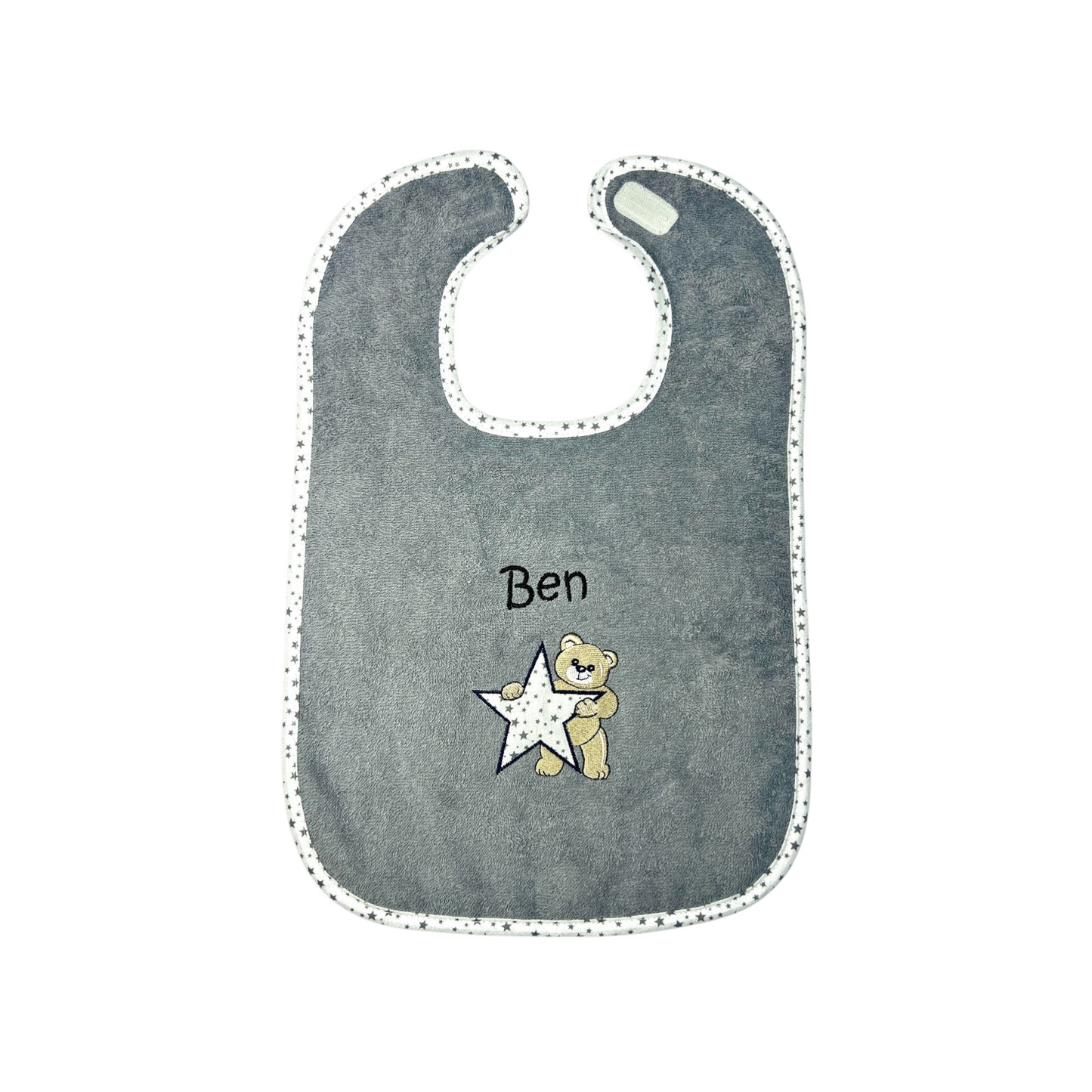 Wörner Riesen Latz - Teddy mit Stern, grau, personalisiertes Baby Lätzchen mit Namen – Extra großer Frottier Esslatz 30x45 cm – besticktes Klettlätzchen – Baby Geschenk