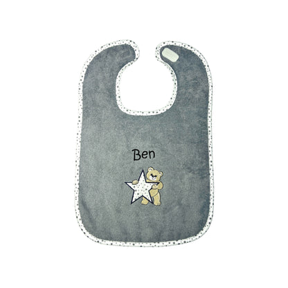 Wörner Riesen Latz - Teddy mit Stern, grau, personalisiertes Baby Lätzchen mit Namen – Extra großer Frottier Esslatz 30x45 cm – besticktes Klettlätzchen – Baby Geschenk