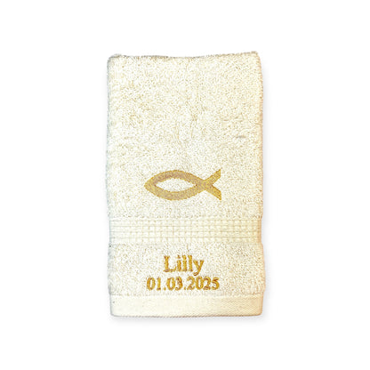 Fisch Ichthys Handtuch mit Name und Datum, Sauna, Wellness, Duschtuch, Taufe