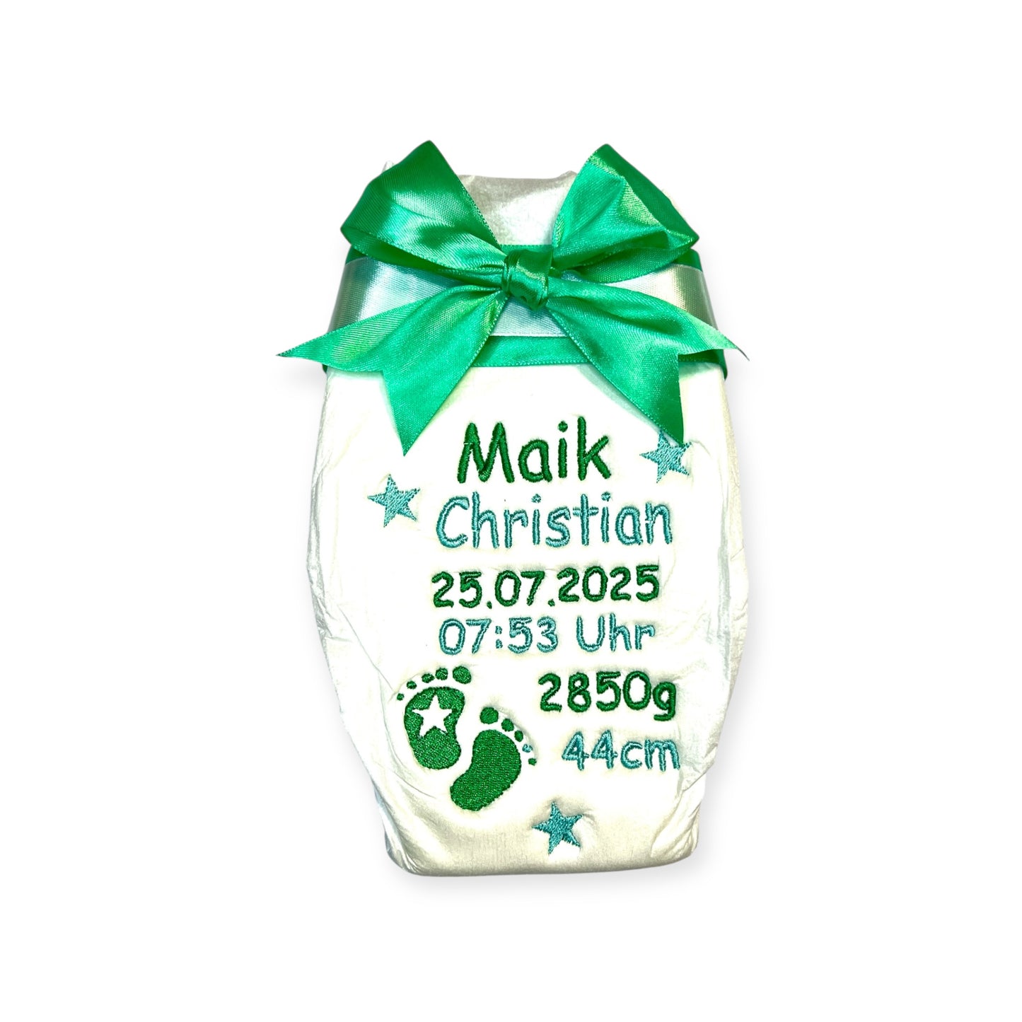 Bestickte Windel mit Name und Geburtsdaten, Sterne und Füße, Geschenk zur Geburt