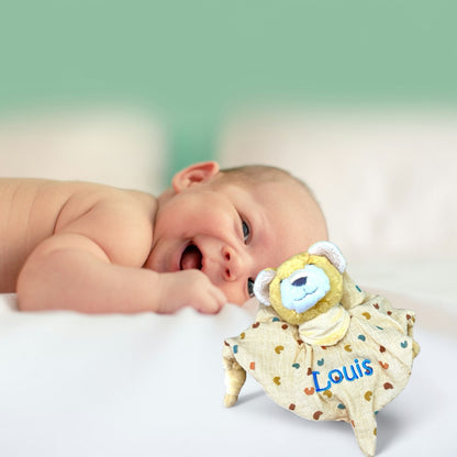 Personalisiertes Schmusetuch Löwe Leo 23 cm mit Rassel – einzigartiger Kuschelfreund - Supersoftes Musselin Schnuffeltuch mit Knotendetails, Sterntaler