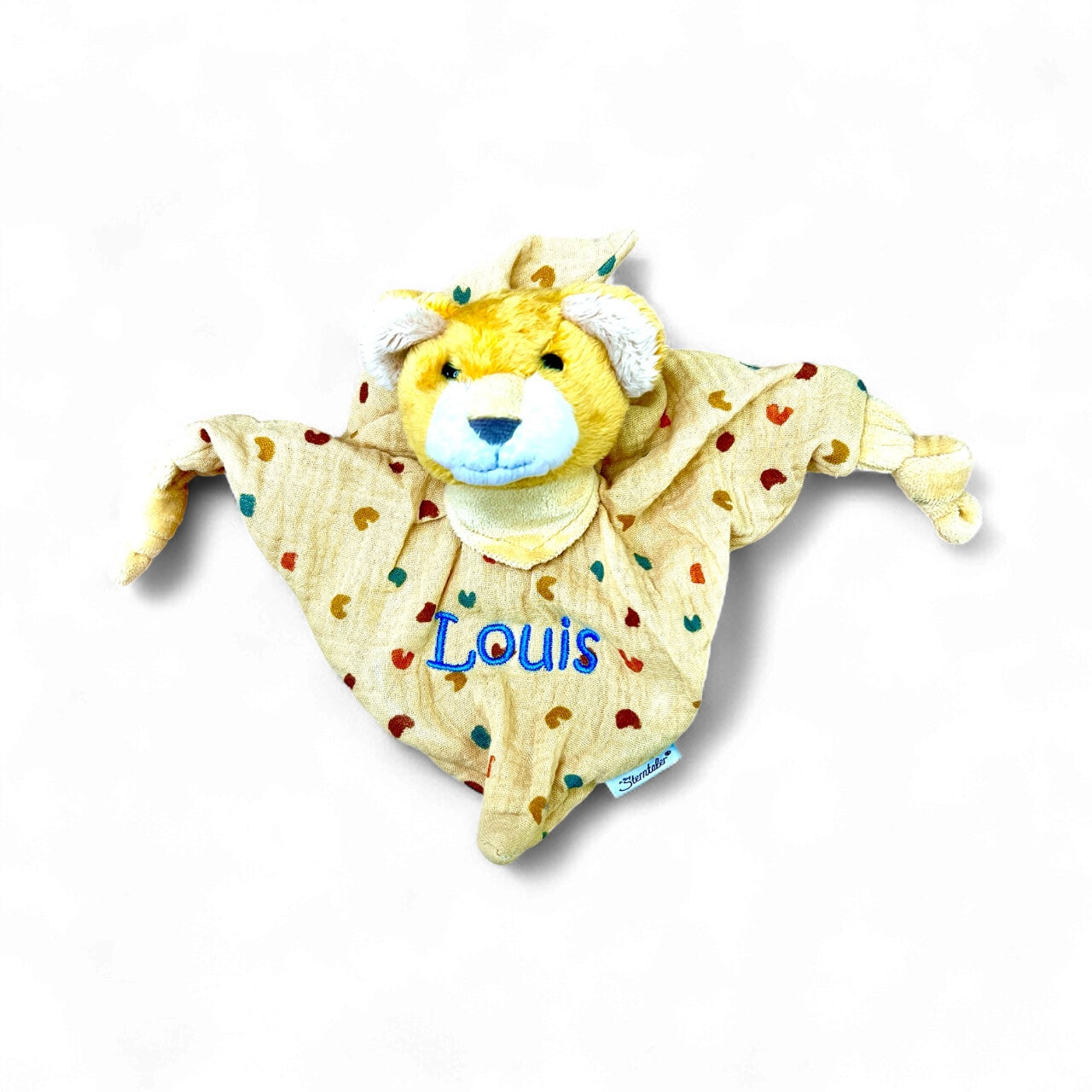 Personalisiertes Schmusetuch Löwe Leo 23 cm mit Rassel – einzigartiger Kuschelfreund - Supersoftes Musselin Schnuffeltuch mit Knotendetails, Sterntaler