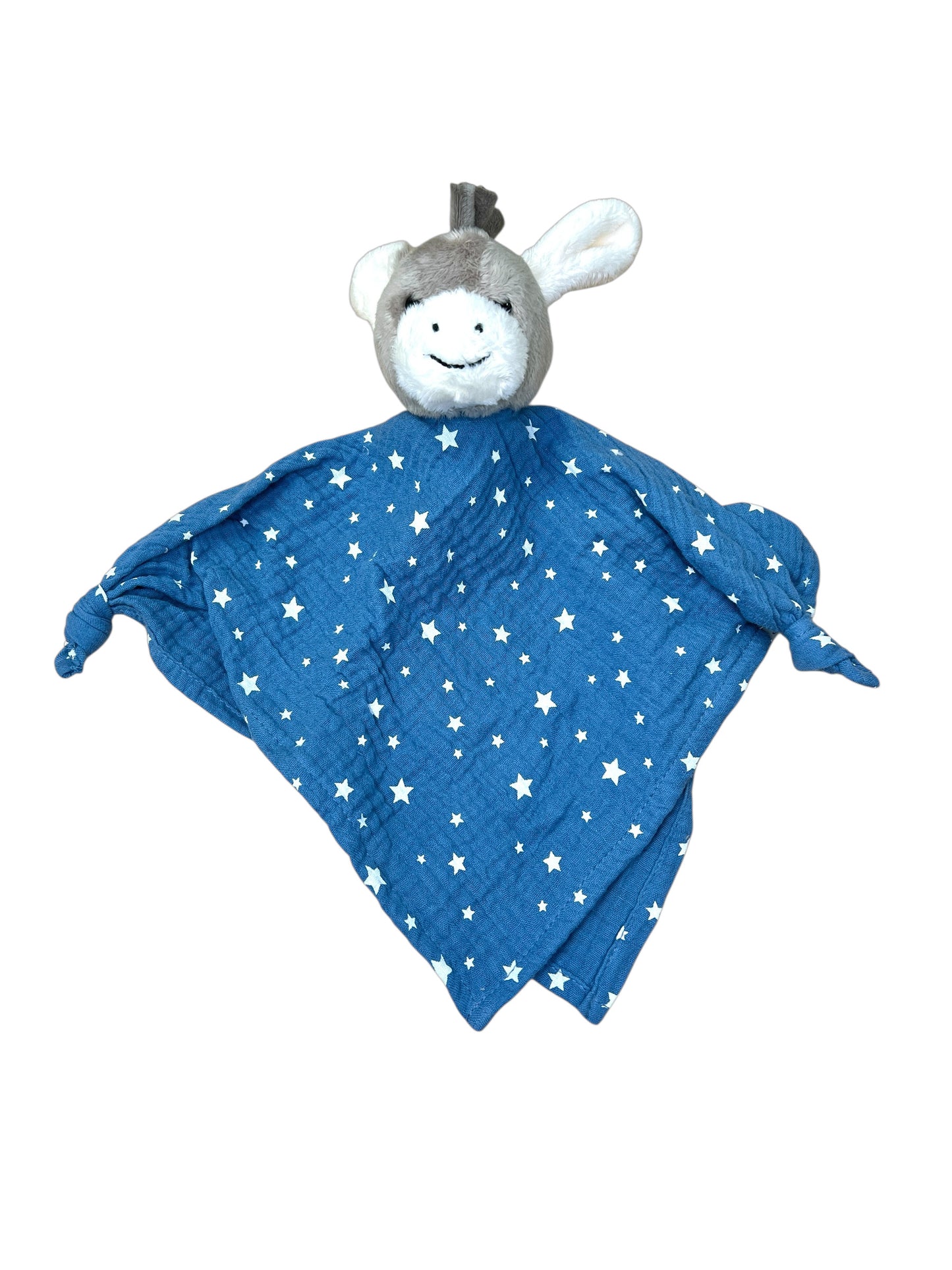 Schmusetuch Esel Emmi in Mittelblau, personalisierbar, 36 cm, Supersoftes Musselin Schnuffeltuch Esel mit Knotendetails, Sterntaler
