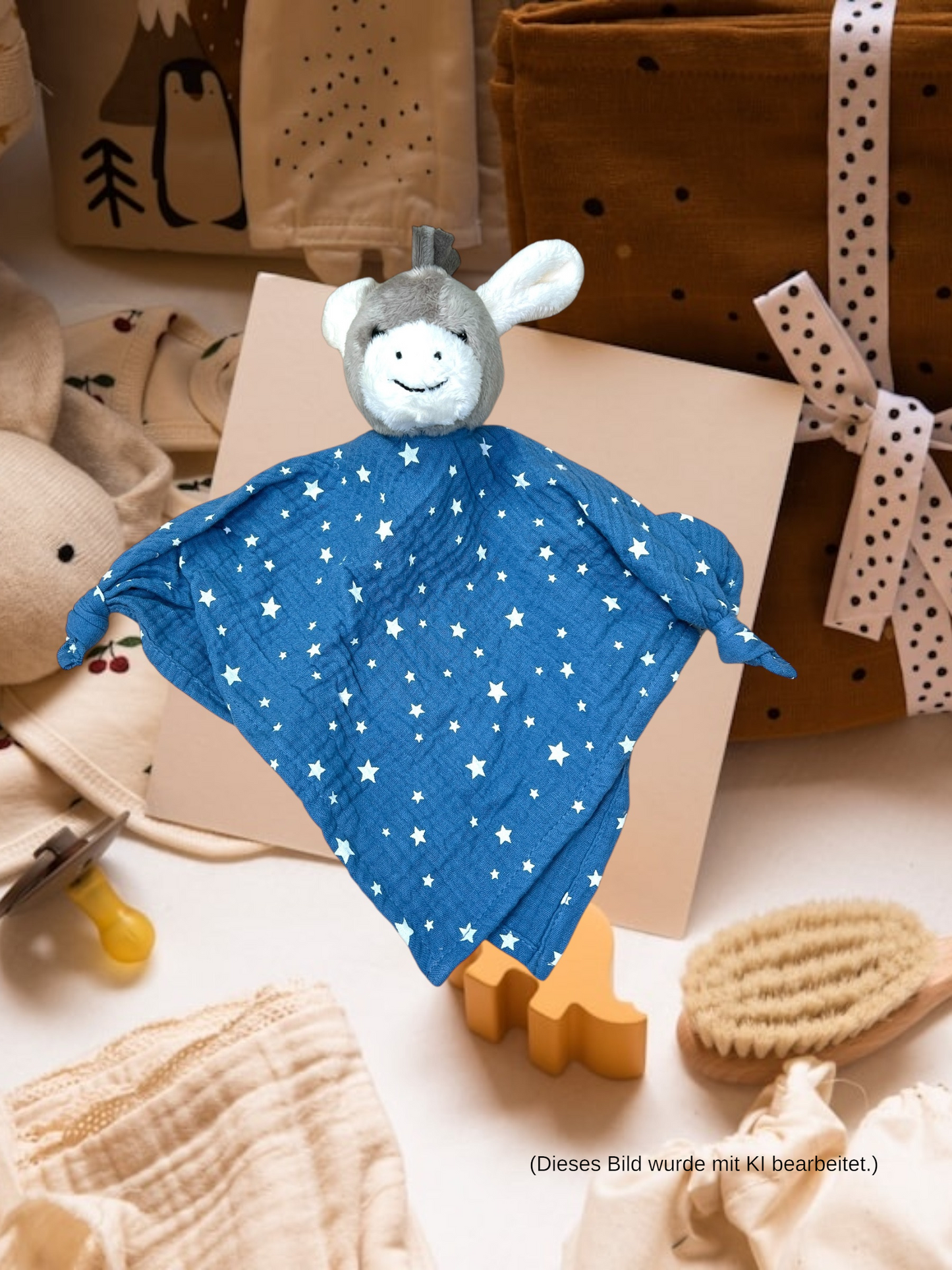 Schmusetuch Esel Emmi in Mittelblau, personalisierbar, 36 cm, Supersoftes Musselin Schnuffeltuch Esel mit Knotendetails, Sterntaler