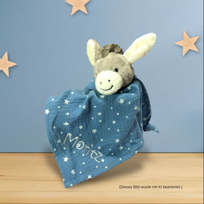 Schmusetuch Esel Emmi in Mittelblau, personalisierbar, 36 cm, Supersoftes Musselin Schnuffeltuch Esel mit Knotendetails, Sterntaler