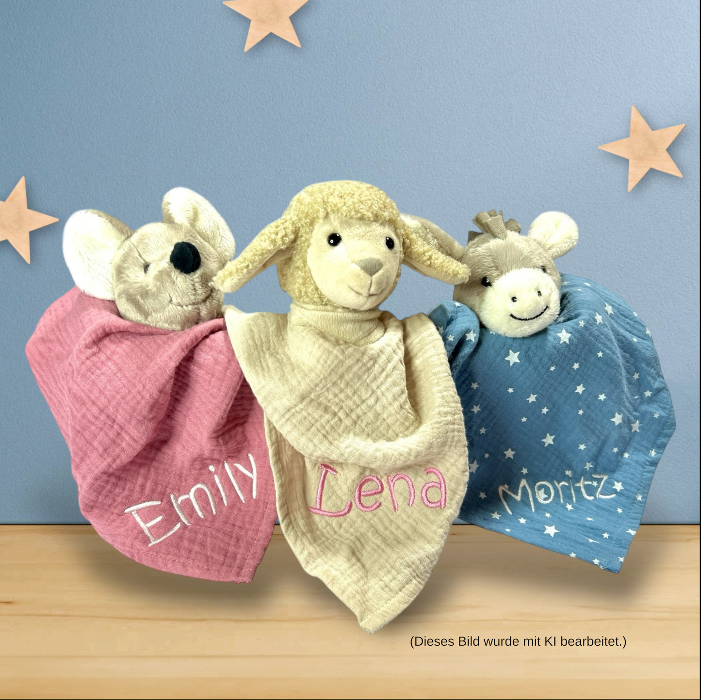 Schmusetuch Esel Emmi in Mittelblau, personalisierbar, 36 cm, Supersoftes Musselin Schnuffeltuch Esel mit Knotendetails, Sterntaler
