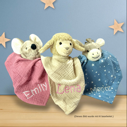 Schmusetuch Esel Emmi in Mittelblau, personalisierbar, 36 cm, Supersoftes Musselin Schnuffeltuch Esel mit Knotendetails, Sterntaler