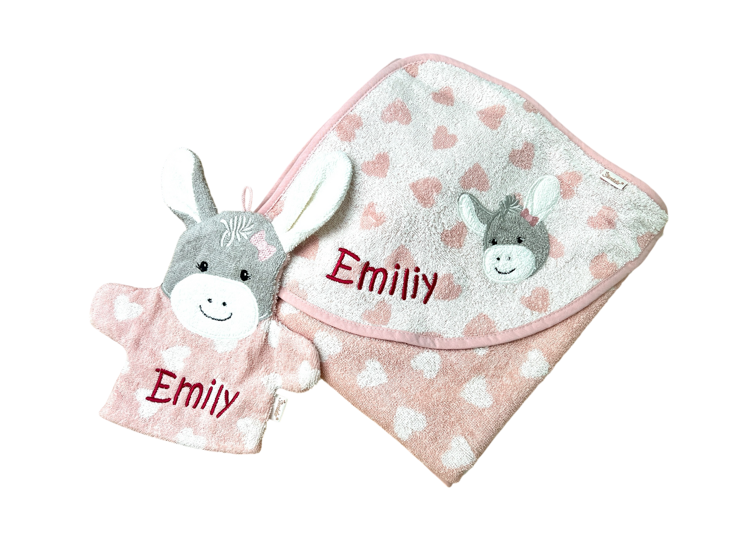 Set Esel Emmi Girl, Kapuzenhandtuch 100x100cm und Spiel-Waschhandschuh - mit Name aufgestickt, rosa, Sterntaler