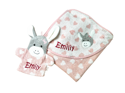 Set Esel Emmi Girl, Kapuzenhandtuch 100x100cm und Spiel-Waschhandschuh - mit Name aufgestickt, rosa, Sterntaler