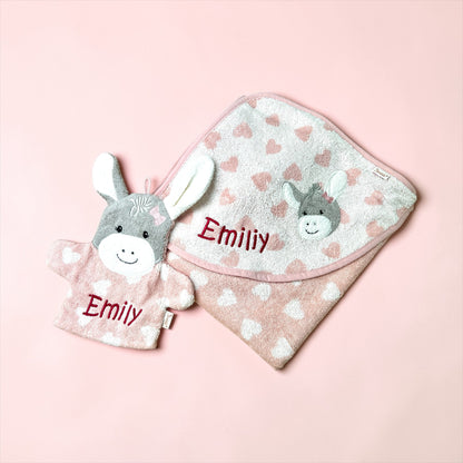 Set Esel Emmi Girl, Kapuzenhandtuch 100x100cm und Spiel-Waschhandschuh - mit Name aufgestickt, rosa, Sterntaler