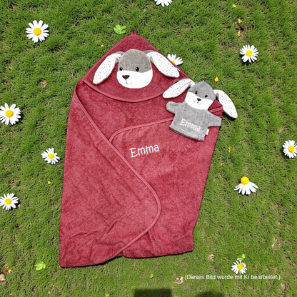 Set Hanni Hase, Kapuzenhandtuch 100x100cm und Spiel-Waschhandschuh - mit Name aufgestickt, rosa/sand, Sterntaler