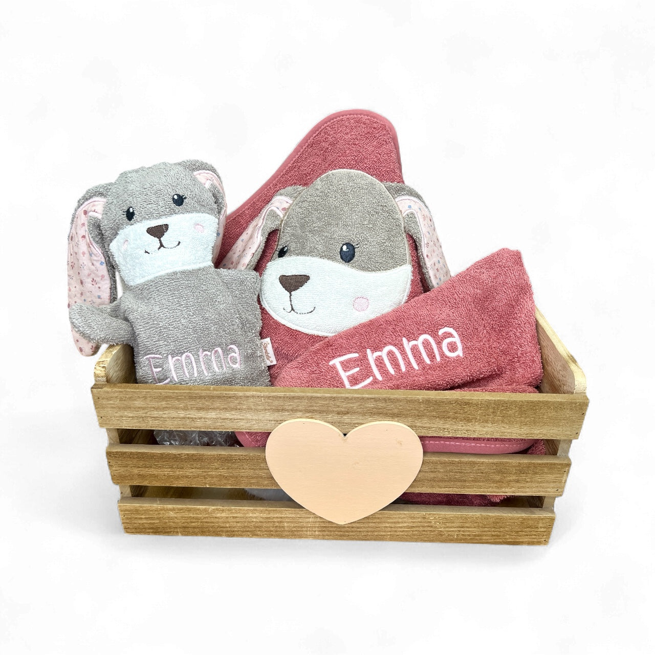 Set Hanni Hase, Kapuzenhandtuch 100x100cm und Spiel-Waschhandschuh - mit Name aufgestickt, rosa/sand, Sterntaler