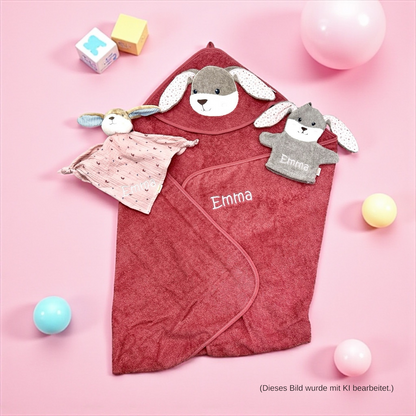Geschenkset Hanni Hase, Kapuzenhandtuch 100x100cm, Spiel-Waschhandschuh und Schmusetuch - mit Name aufgestickt, rosa/sand, Sterntaler