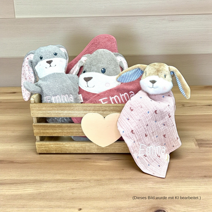 Geschenkset Hanni Hase, Kapuzenhandtuch 100x100cm, Spiel-Waschhandschuh und Schmusetuch - mit Name aufgestickt, rosa/sand, Sterntaler