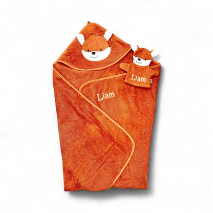 Set Fuchs Filou, Kapuzenhandtuch 100x100cm und Spiel-Waschhandschuh - mit Name aufgestickt, rostrot, Sterntaler