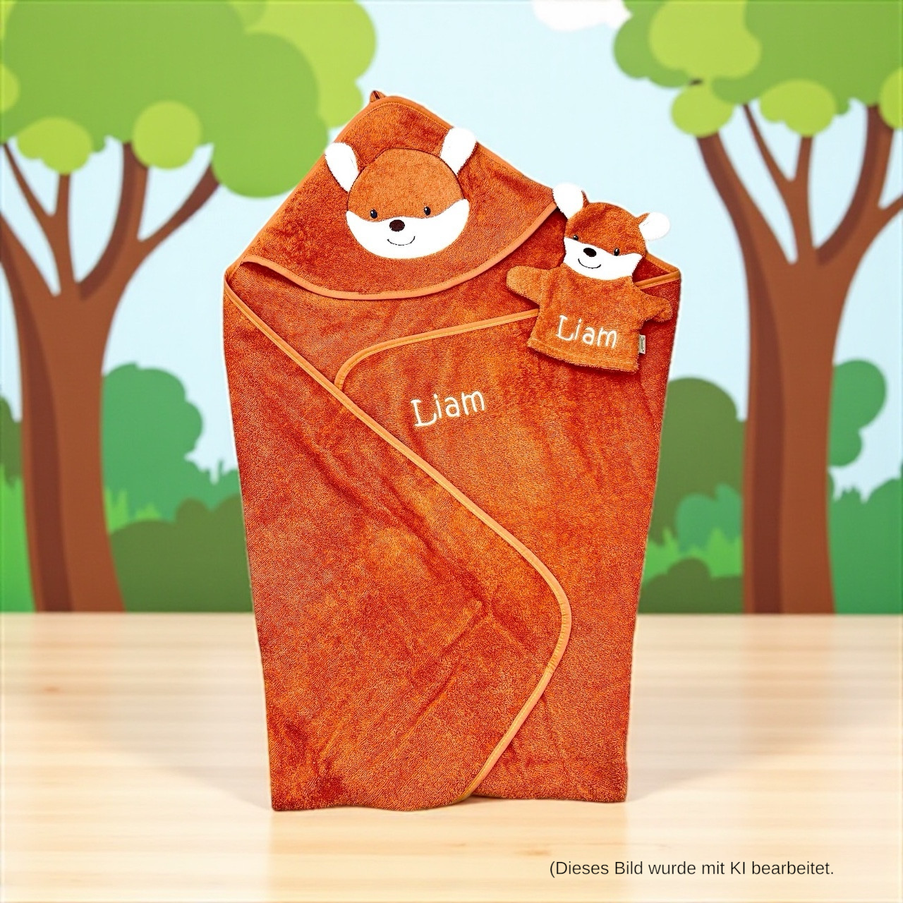 Set Fuchs Filou, Kapuzenhandtuch 100x100cm und Spiel-Waschhandschuh - mit Name aufgestickt, rostrot, Sterntaler