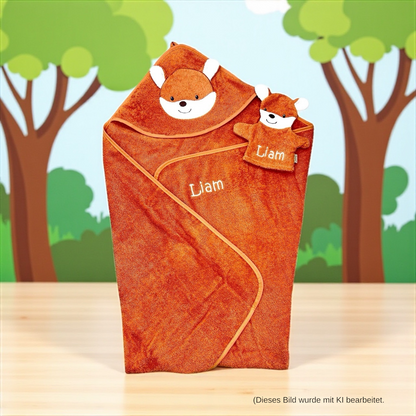Set Fuchs Filou, Kapuzenhandtuch 100x100cm und Spiel-Waschhandschuh - mit Name aufgestickt, rostrot, Sterntaler