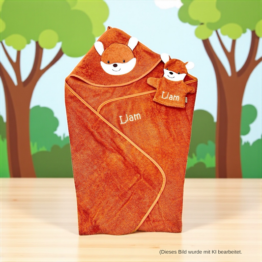 Set Fuchs Filou, Kapuzenhandtuch 100x100cm und Spiel-Waschhandschuh - mit Name aufgestickt, rostrot, Sterntaler