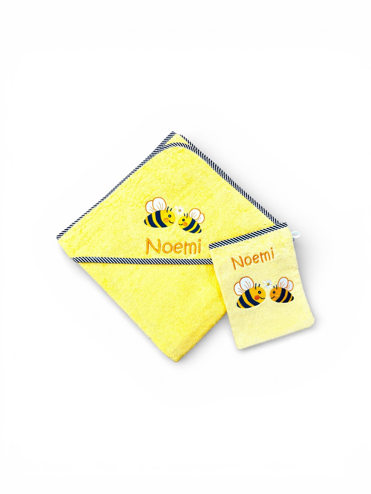 Geschenkset Kapuzenhandtuch 100x100 cm und Waschlappen, Set in gelb mit Name und Bienen-Motiv, Geschenk zur Geburt