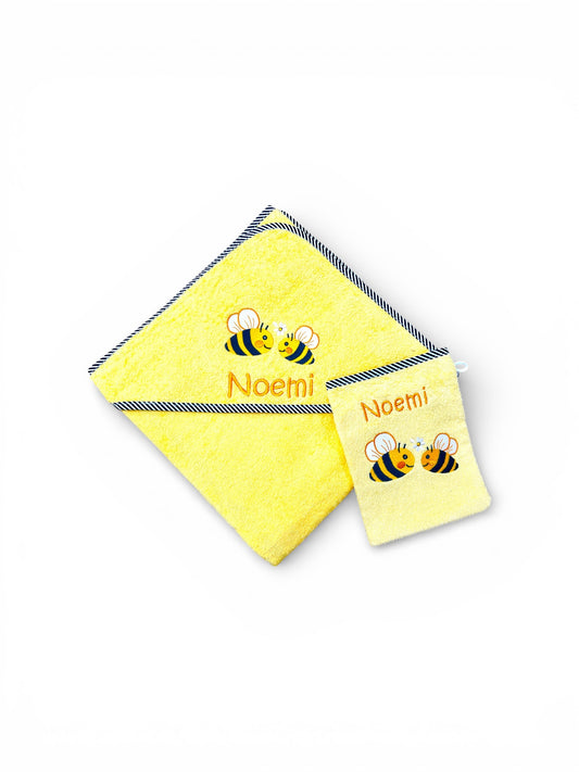 Geschenkset Kapuzenhandtuch 100x100 cm und Waschlappen, Set in gelb mit Name und Bienen-Motiv, Geschenk zur Geburt