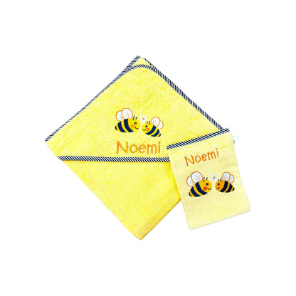 Geschenkset Kapuzenhandtuch 100x100 cm und Waschlappen, Set in gelb mit Name und Bienen-Motiv, Geschenk zur Geburt