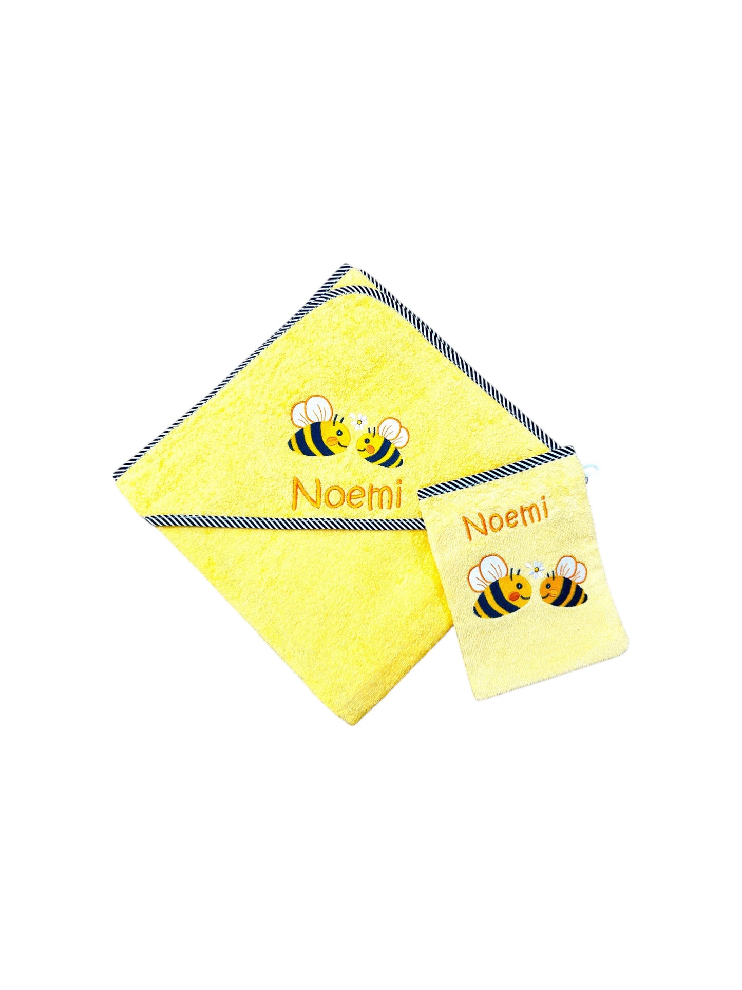 Geschenkset Kapuzenhandtuch 100x100 cm und Waschlappen, Set in gelb mit Name und Bienen-Motiv, Geschenk zur Geburt