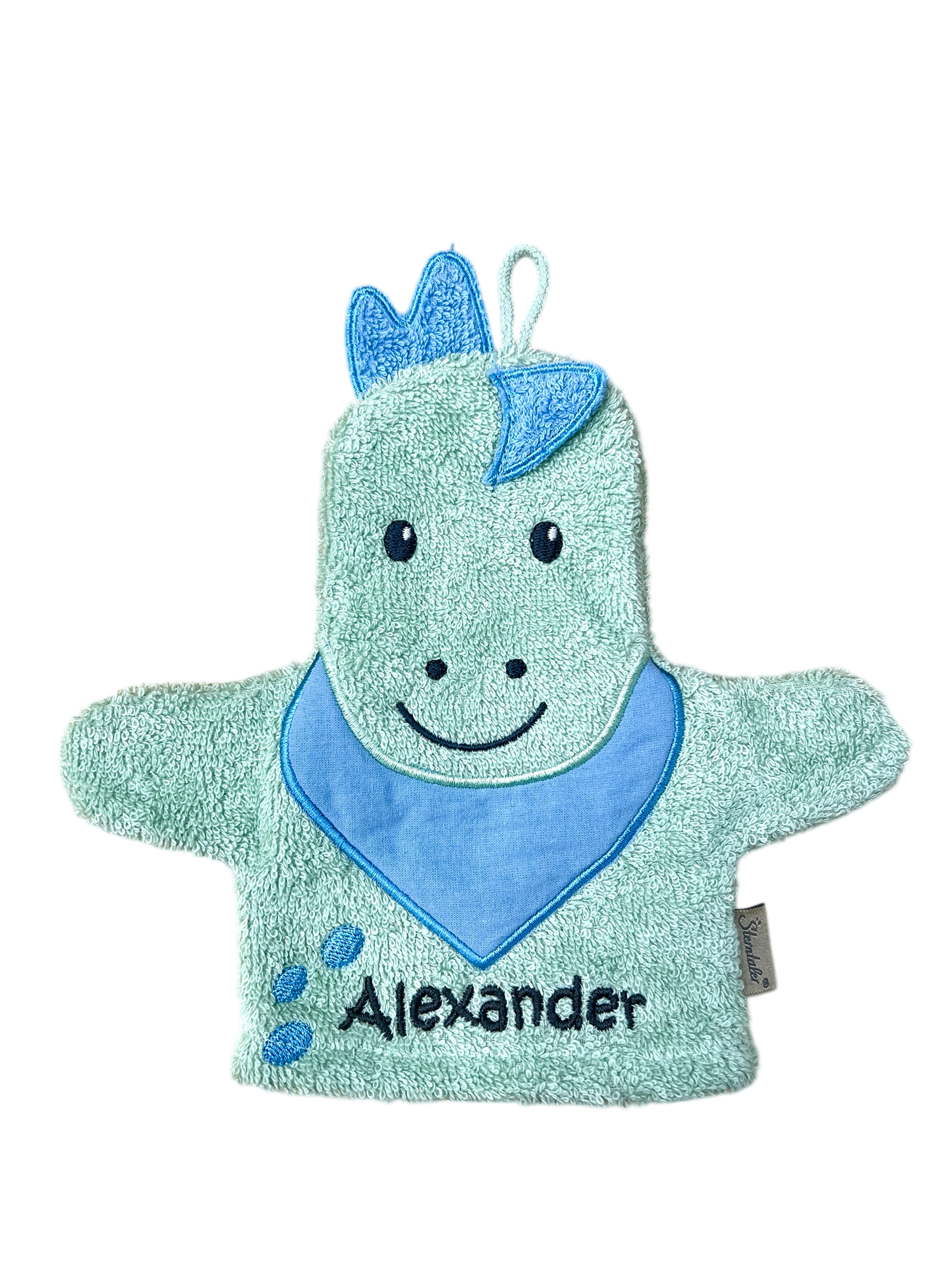 Spiel-Waschhandschuh Dino Rexi mit Name – 2-in-1 Waschlappen & Handpuppe für Babys & Kinder, grün, Sterntaler