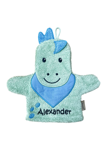 Spiel-Waschhandschuh Dino Rexi mit Name – 2-in-1 Waschlappen & Handpuppe für Babys & Kinder, grün, Sterntaler