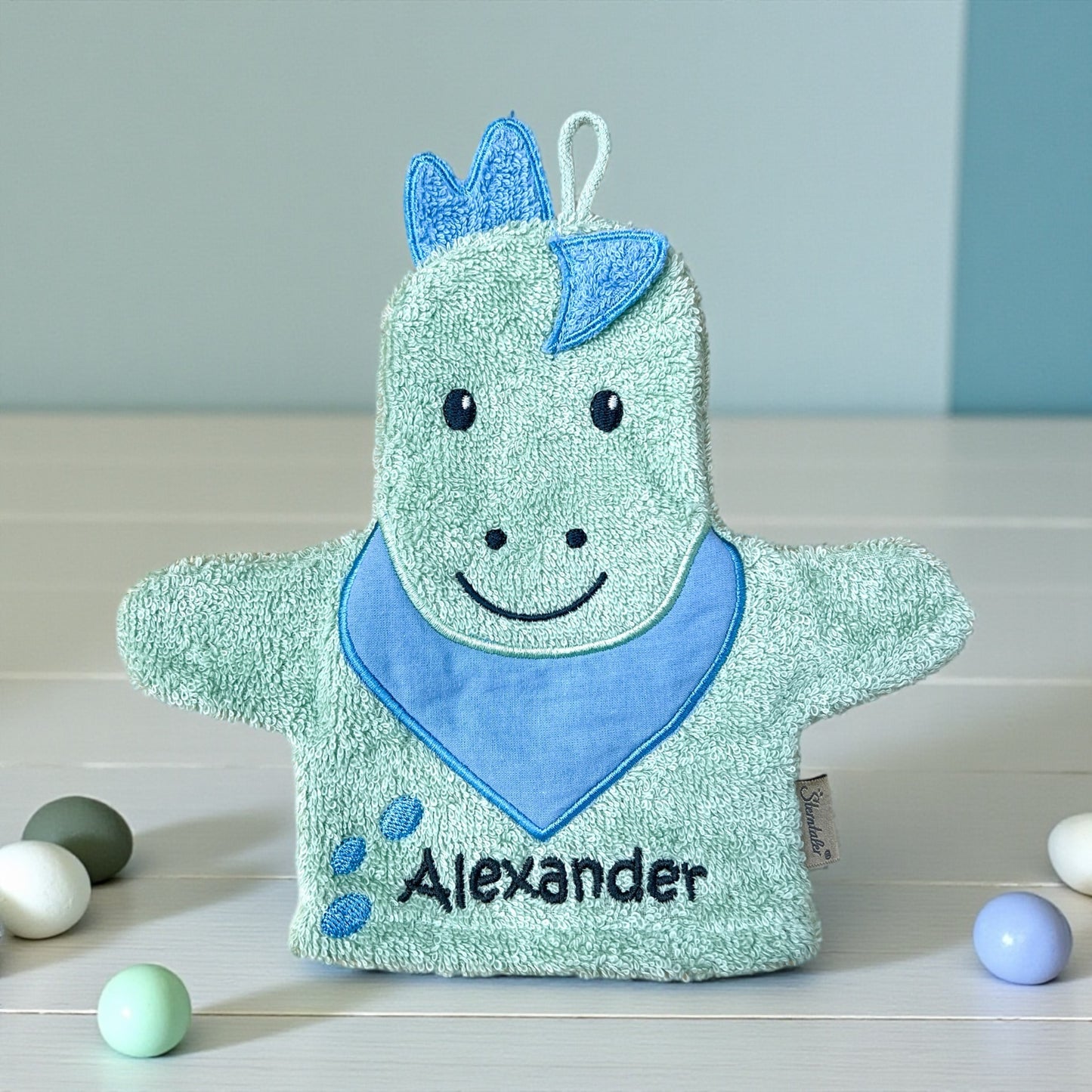 Spiel-Waschhandschuh Dino Rexi mit Name – 2-in-1 Waschlappen & Handpuppe für Babys & Kinder, grün, Sterntaler