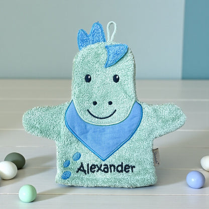 Spiel-Waschhandschuh Dino Rexi mit Name – 2-in-1 Waschlappen & Handpuppe für Babys & Kinder, grün, Sterntaler