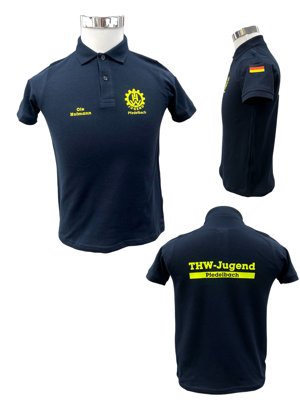 THW Jugend Poloshirt, marineblau, neongelb bedruckt - personalisierbar