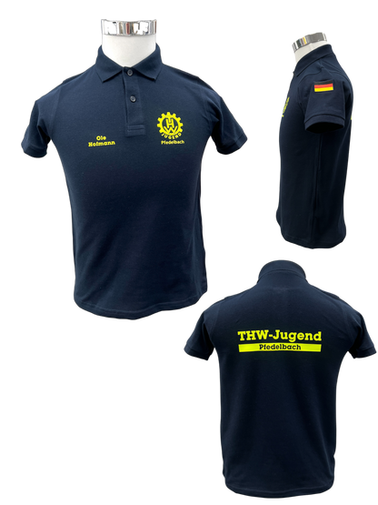 THW Jugend Poloshirt, marineblau, neongelb bedruckt - personalisierbar