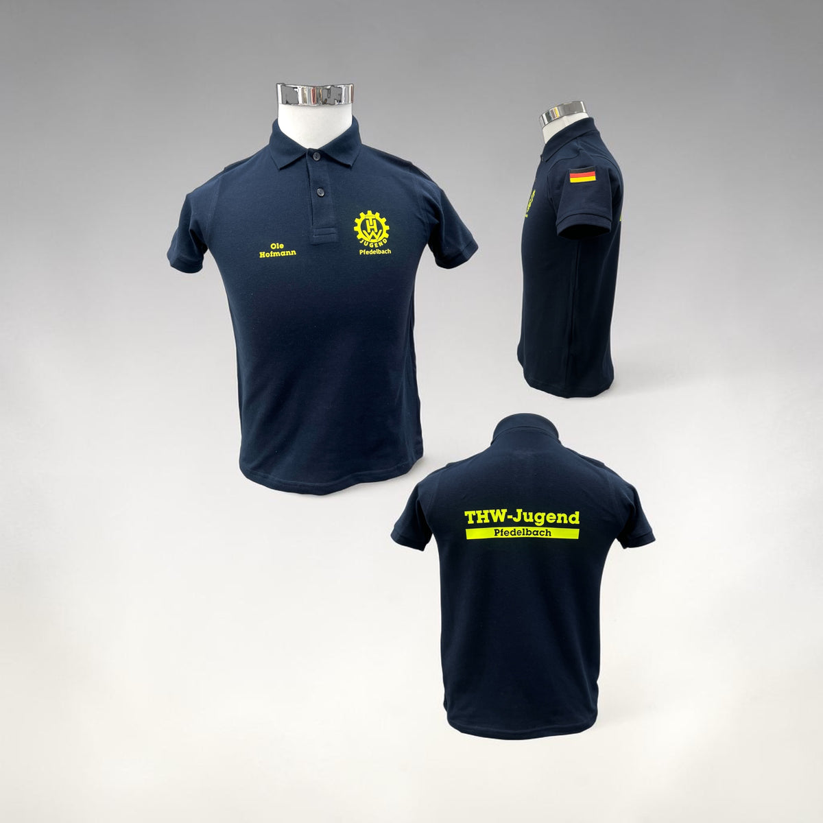 THW Jugend Poloshirt, marineblau, neongelb bedruckt - personalisierbar