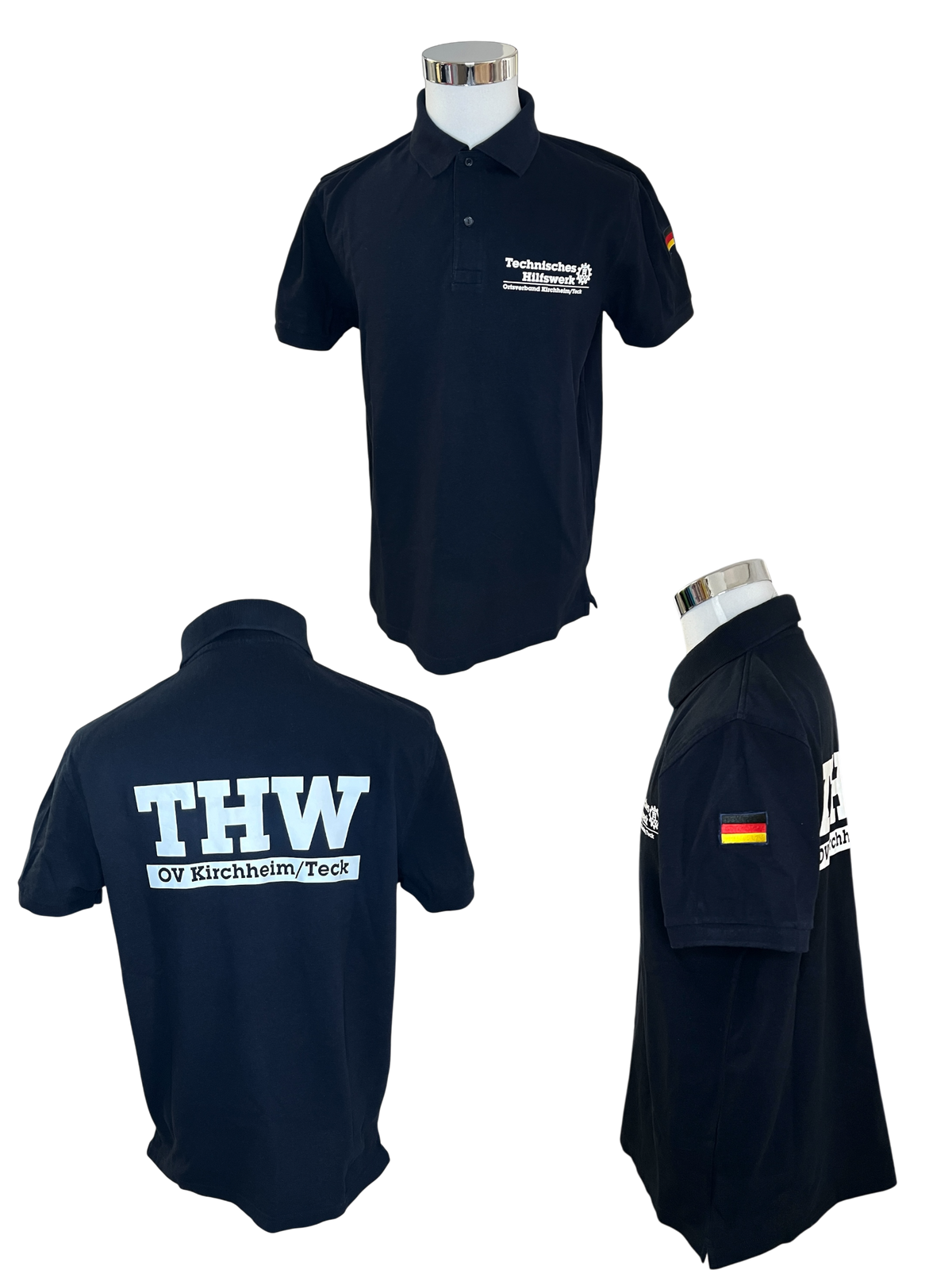 THW Poloshirt, marineblau, mit weißem, reflektierendem Druck - personalisierbar
