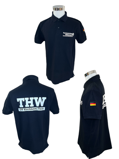 THW Poloshirt, marineblau, mit weißem, reflektierendem Druck - personalisierbar