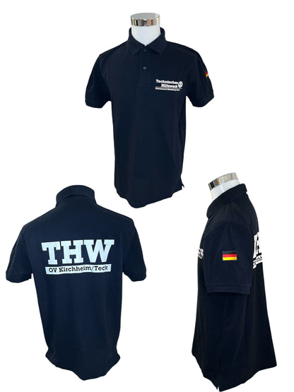 THW Poloshirt, marineblau, mit weißem, reflektierendem Druck - personalisierbar