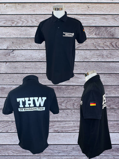 THW Poloshirt, marineblau, mit weißem, reflektierendem Druck - personalisierbar