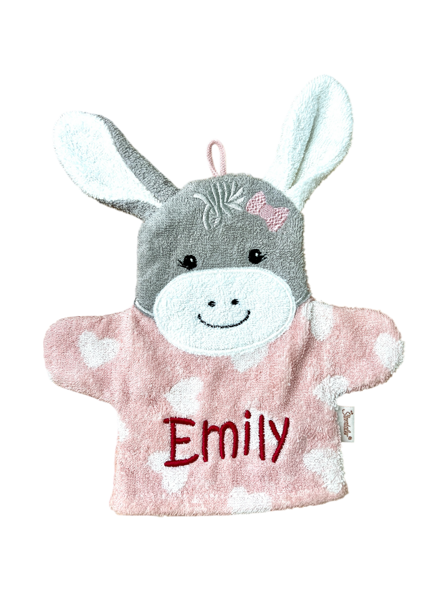 Spiel-Waschhandschuh Esel Emmi Girl mit Name – 2-in-1 Waschlappen & Handpuppe für Babys & Kinder, rosa, Sterntaler