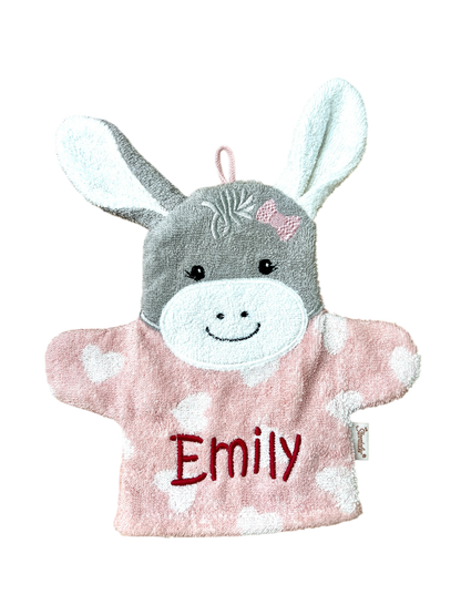Spiel-Waschhandschuh Esel Emmi Girl mit Name – 2-in-1 Waschlappen & Handpuppe für Babys & Kinder, rosa, Sterntaler