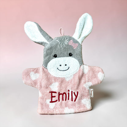 Spiel-Waschhandschuh Esel Emmi Girl mit Name – 2-in-1 Waschlappen & Handpuppe für Babys & Kinder, rosa, Sterntaler