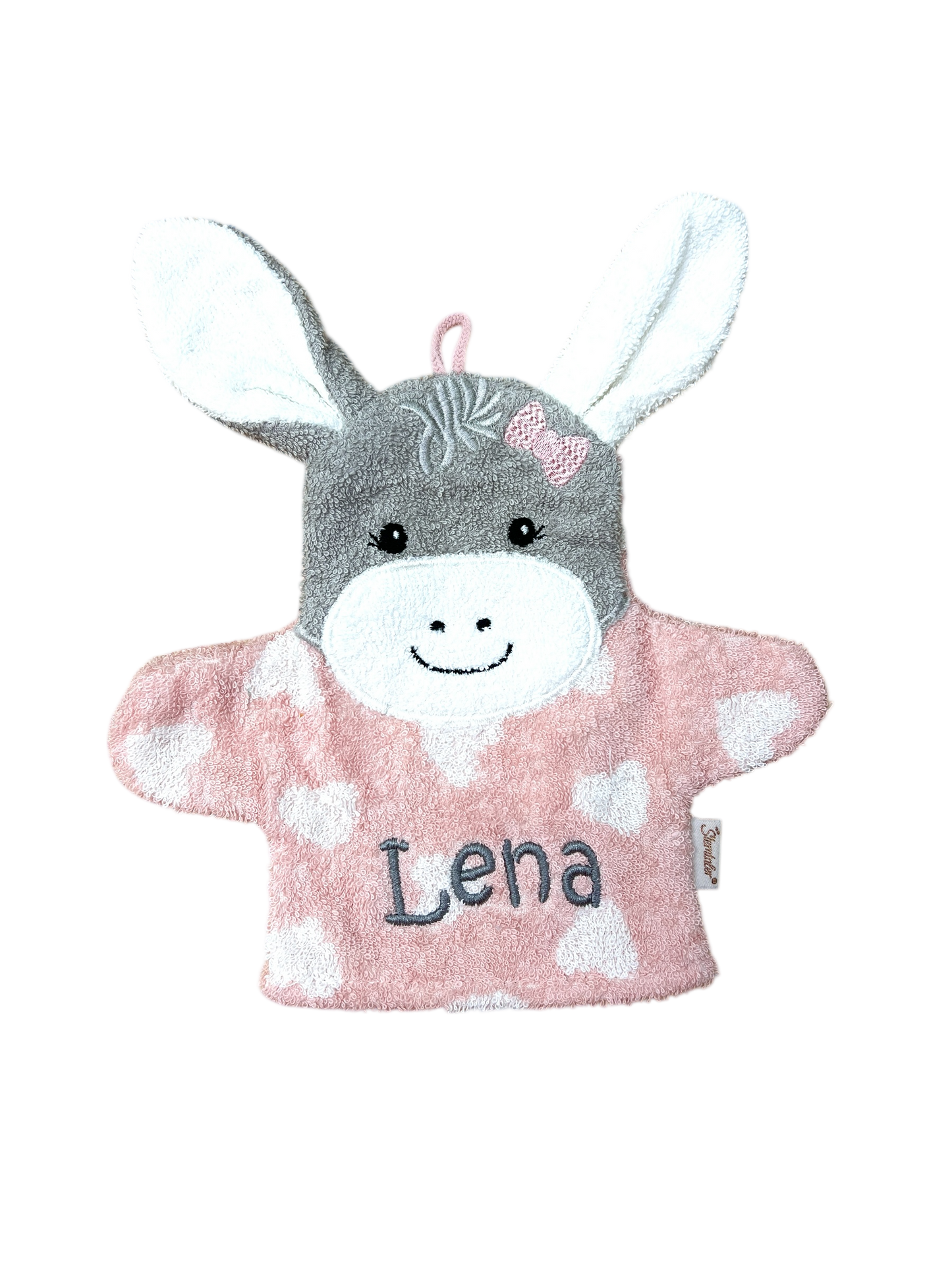 Spiel-Waschhandschuh Esel Emmi Girl mit Name – 2-in-1 Waschlappen & Handpuppe für Babys & Kinder, rosa, Sterntaler