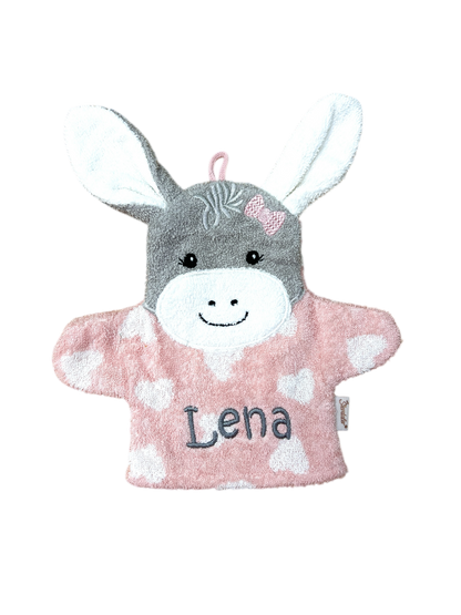 Spiel-Waschhandschuh Esel Emmi Girl mit Name – 2-in-1 Waschlappen & Handpuppe für Babys & Kinder, rosa, Sterntaler