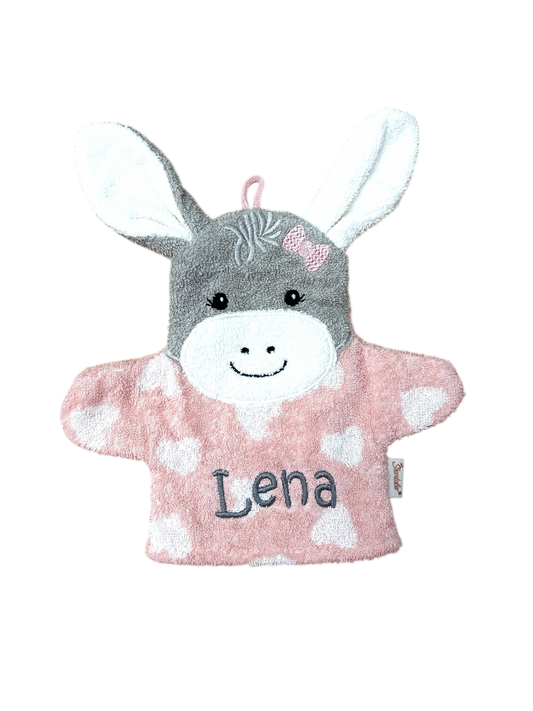 Spiel-Waschhandschuh Esel Emmi Girl mit Name – 2-in-1 Waschlappen & Handpuppe für Babys & Kinder, rosa, Sterntaler