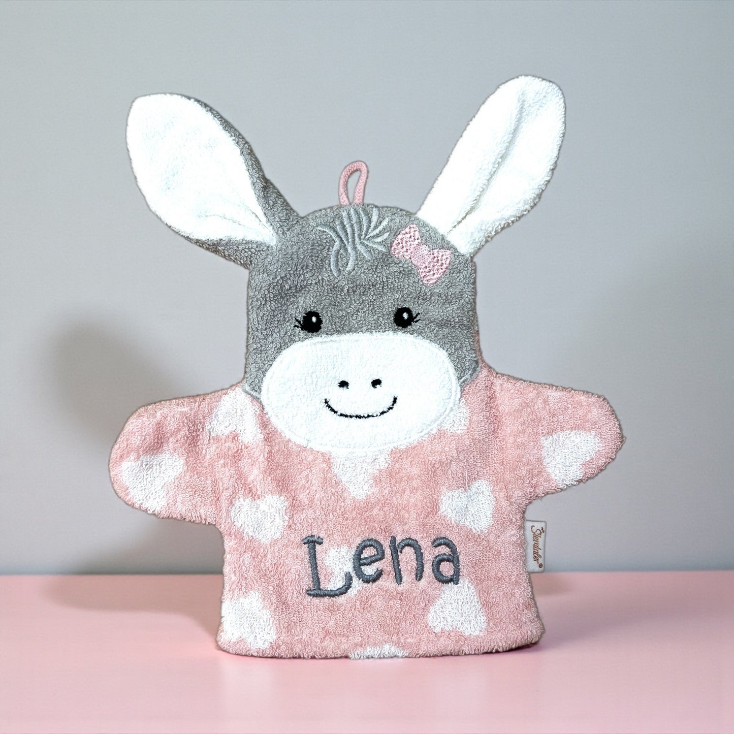 Spiel-Waschhandschuh Esel Emmi Girl mit Name – 2-in-1 Waschlappen & Handpuppe für Babys & Kinder, rosa, Sterntaler