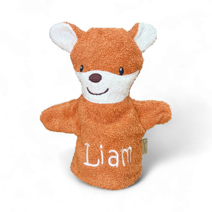 Spiel-Waschhandschuh Fuchs Filou mit Name – spielerische Reinigung & sanfte Pflege für Babys, rostrot. Sterntaler.