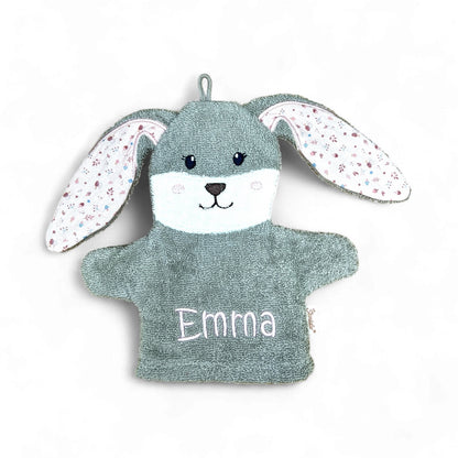 Spiel-Waschhandschuh Hanni Hase mit Name – spielerische Reinigung & sanfte Pflege für Babys, sand/rosa, Sterntaler